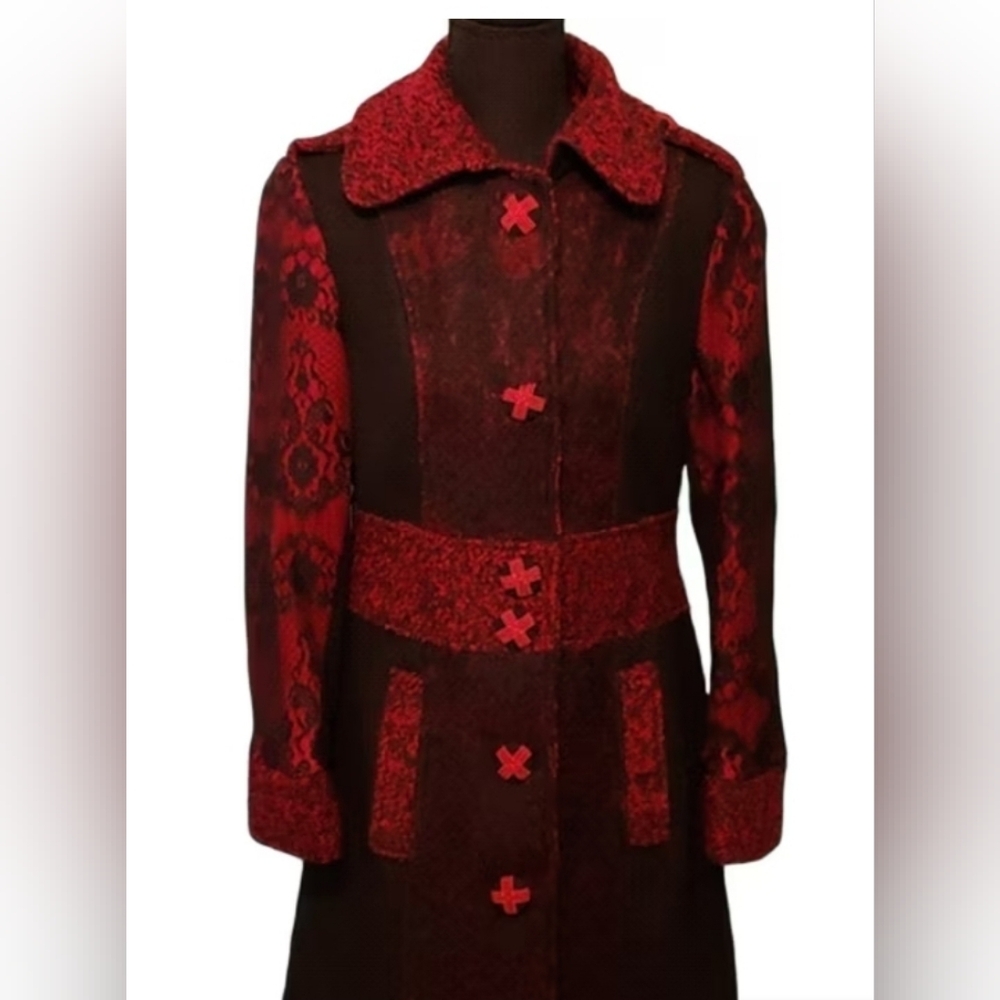 Kaktus Women's Brocade Wool Coat-Red/Black NWT